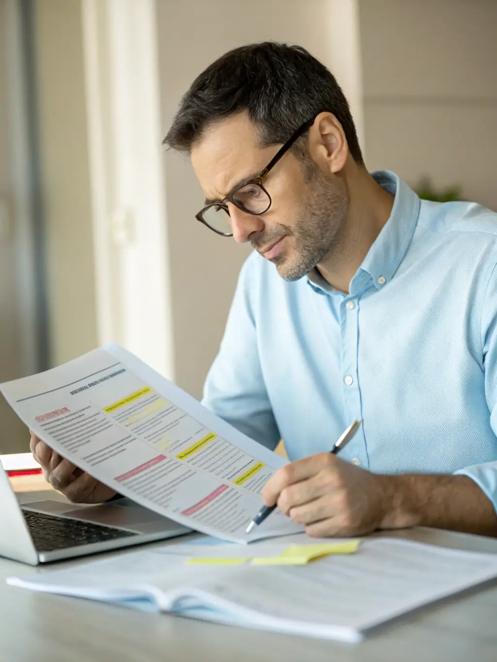 A focused image of an investigator meticulously examining documents in a dimly lit office, emphasizing the detail-oriented nature of investigative work.