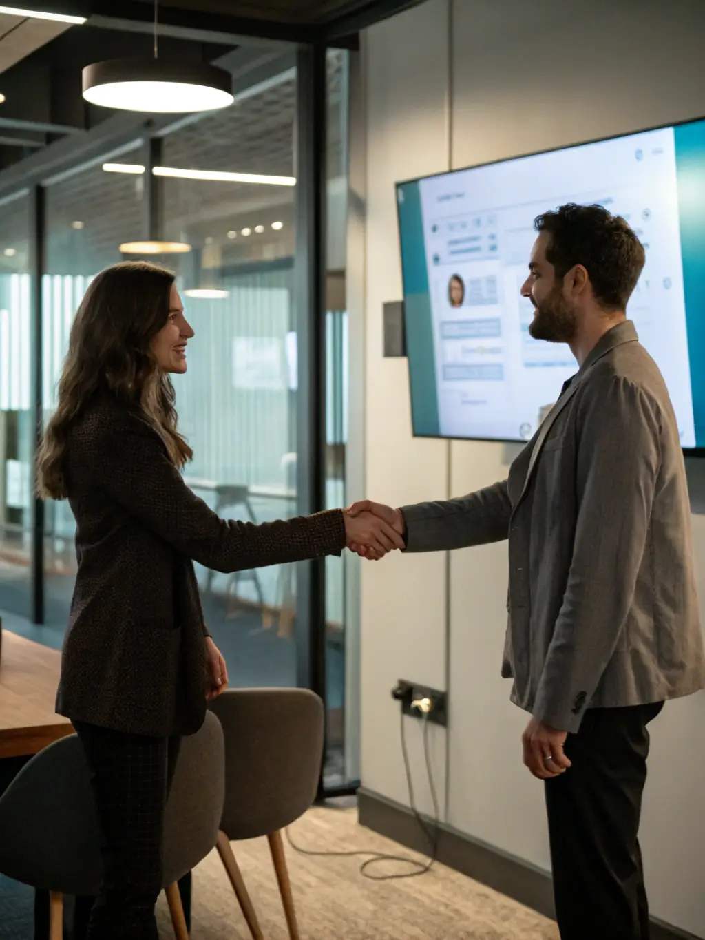 Two people shaking hands after a successful mediation session, representing the Civil Dispute Resolution program.