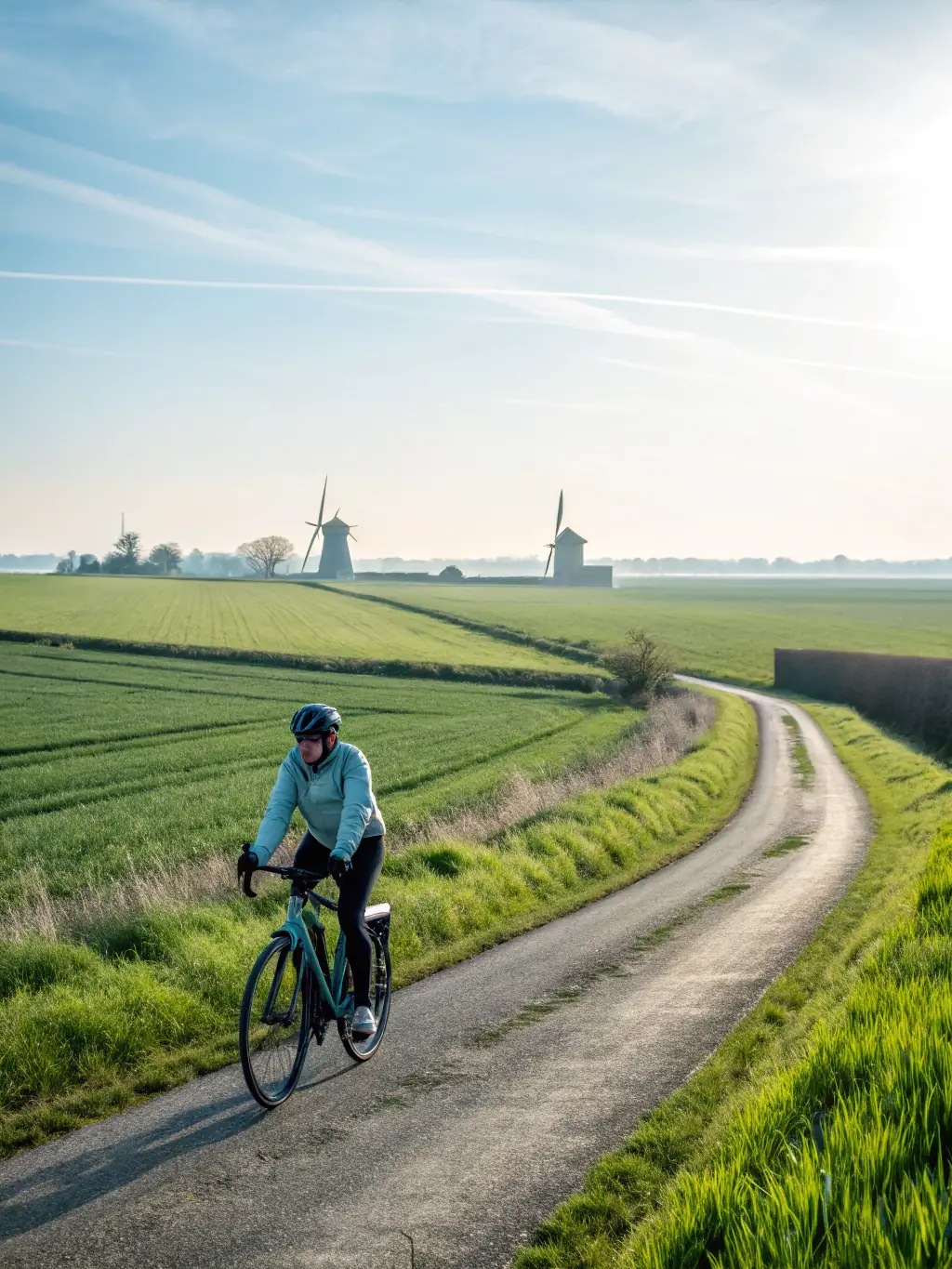 A dynamic image of a cyclist riding on a scenic road, showcasing the cycling component of TARN-AGOUT TRIATHLON's training activities.