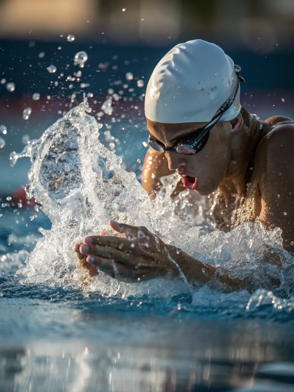 A focused shot of a swimmer in a pool, executing a freestyle stroke with perfect form, representing the swimming aspect of TARN-AGOUT TRIATHLON's training programs.