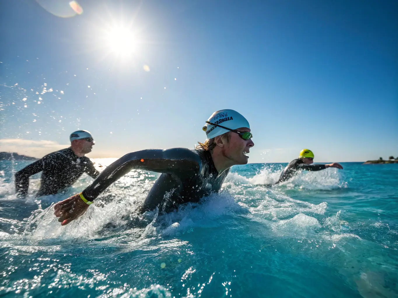 A dynamic shot of triathlon athletes in wetsuits swimming in a lake during a training session, showcasing the swimming component of the triathlon program offered by TARN-AGOUT TRIATHLON.