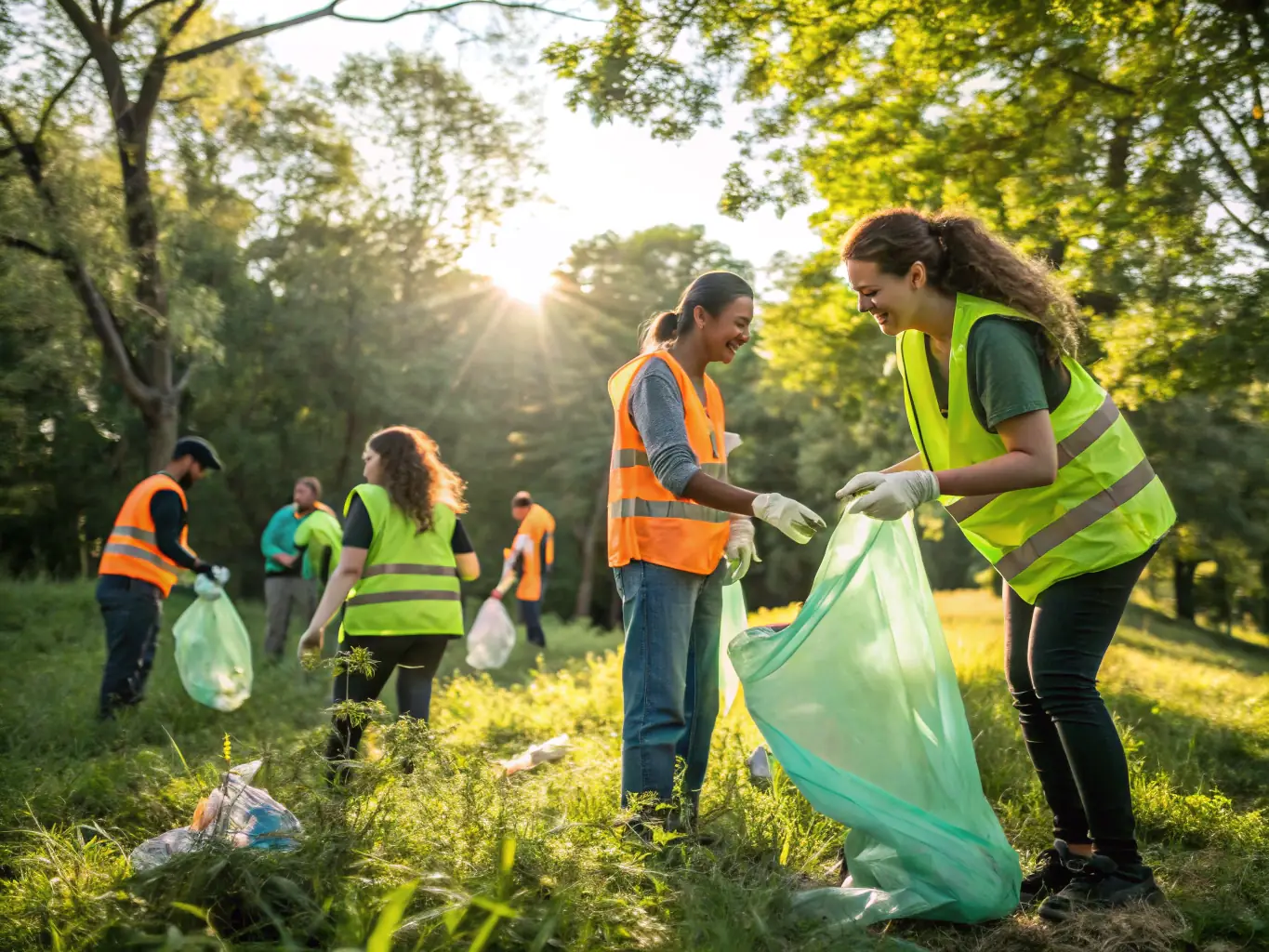 A vibrant photograph showcasing volunteers participating in a heritage site cleanup in Beautiran, with lush greenery and historical buildings in the background. The image captures the community spirit and dedication to preserving local heritage.