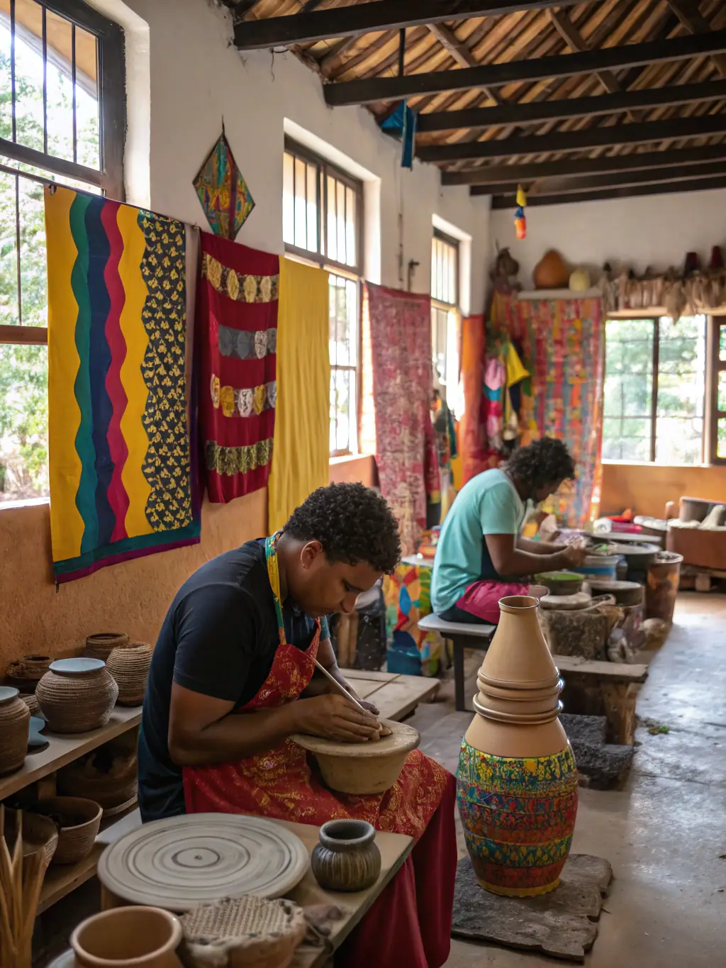 A workshop where participants are learning traditional craft techniques, such as weaving or pottery, using local materials.